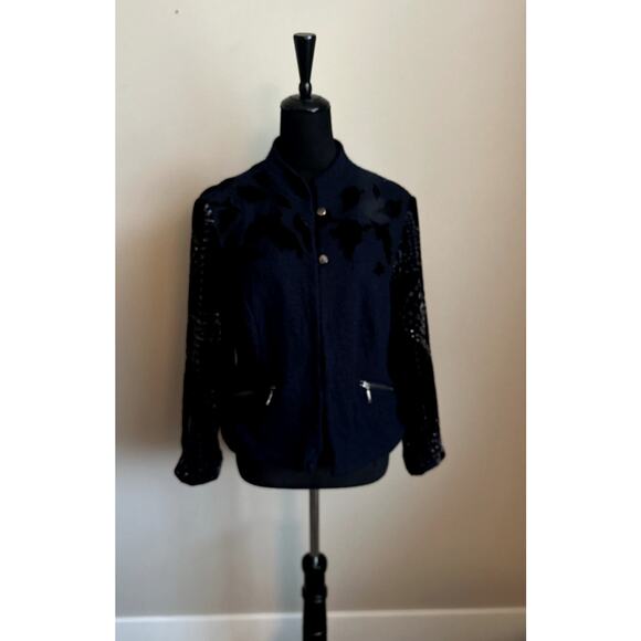CHICOS Black Label Women's Cut Wool Blend Studded Navy & Black Blazer Size 12 - Picture 1 of 9